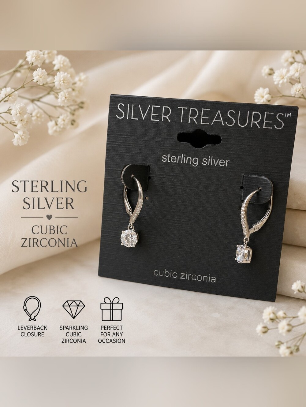 Silver Treasures Sterling Silver Cubic Zirconia CZ Leverback Drop Earrings NWT
